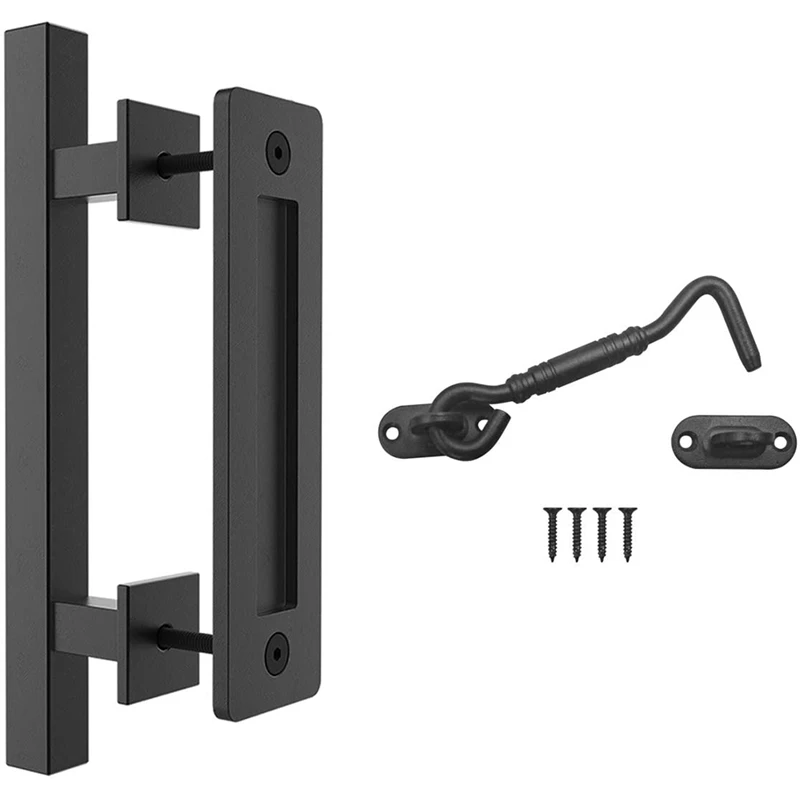 

12Inch Sliding Barn Door Handle Pull And Flush Hardware Set With Privacy Hook And Eye Latch Easy Lock