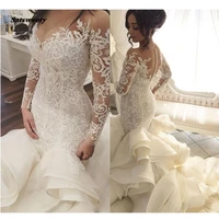 saudi arabic lace mermaid wedding dresses with full sleeves 2021 bridal gowns dubai royal train button ruffles robe de mariee