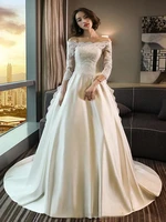off shoulder long sleeves wedding dresses 2020 lace top appliques a line court train elegant bridal gowns vestidos de