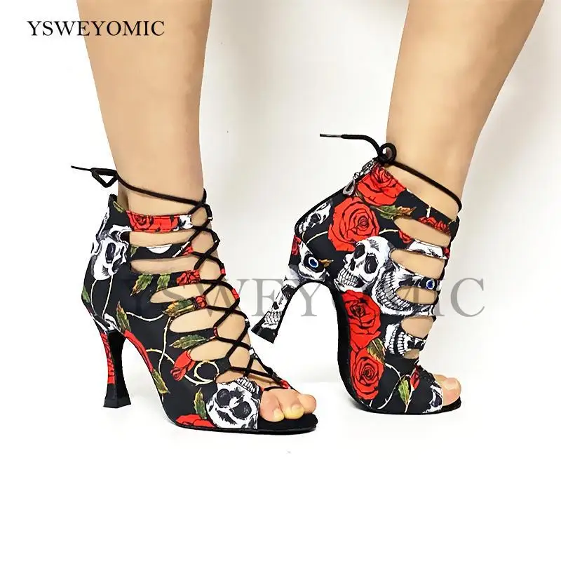 

2021 Spring Summer Style Salsa Bachata Dance Shoes Girls Halloween Skull Latin Dance Boot 9cm Heel Women Latin Dance Shoes