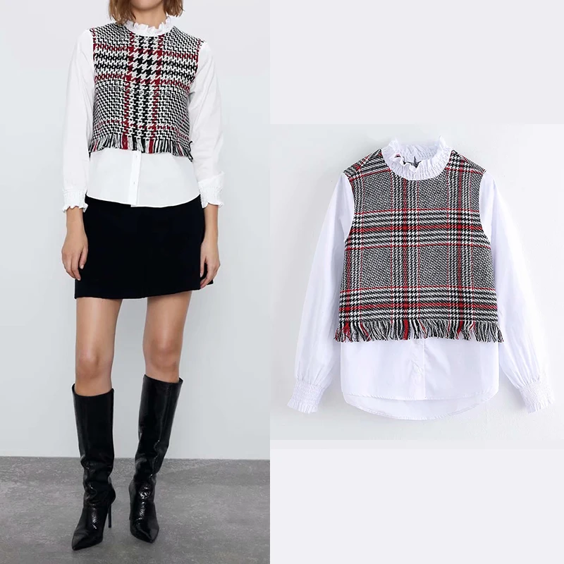 Женская рубашка 2019 za Лоскутная с клетчатым принтом элегантная плиссированная