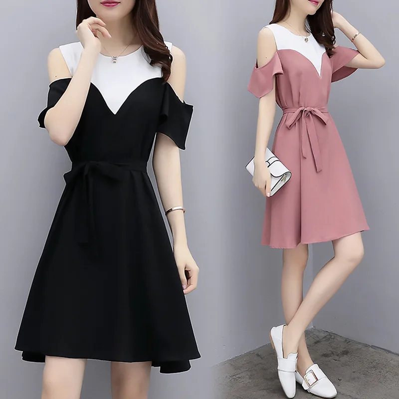 

Ladies summer dress 2021 fashion plus size color matching off-the-shoulder western style belly skirt