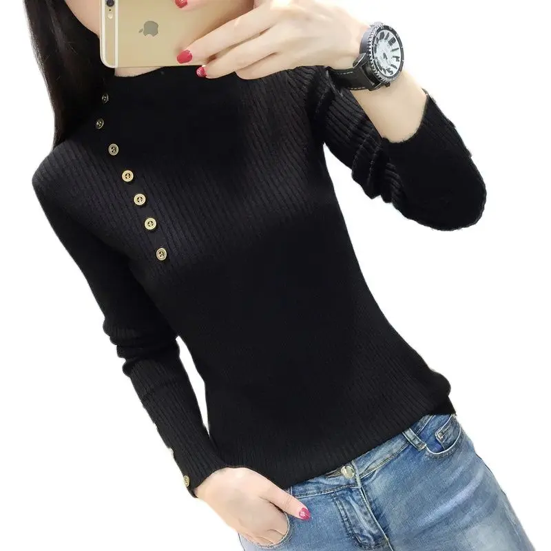 2021 корейские блузки с полувысоким воротом Женский трикотажный свитер длинными