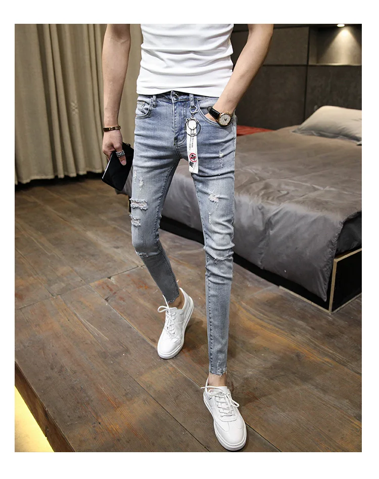 NEW spring autumn skinny strech Casual ripped hole fashion black teenagers hip hop cowboy denim leg jeans men pencil pants