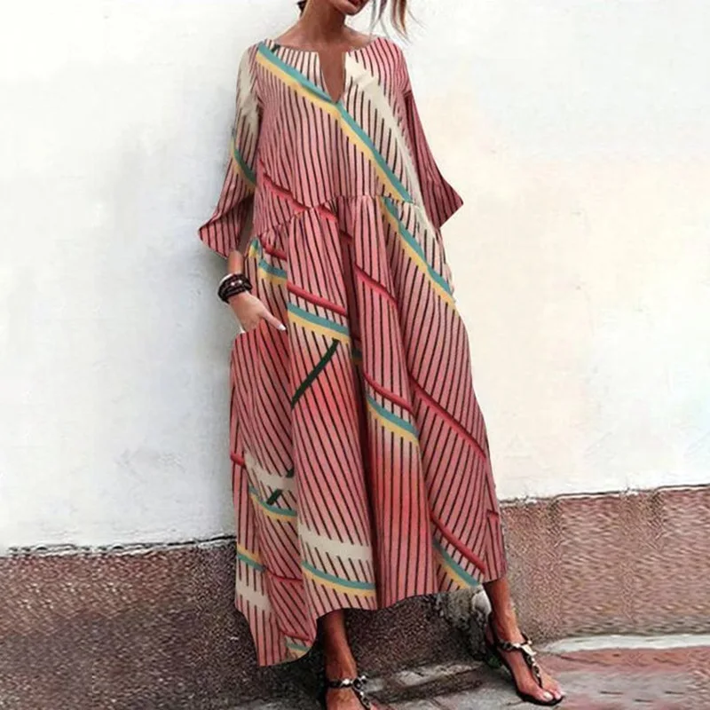 

Женское винтажное платье в полоску, повседневное свободное платье макси большого размера с V-образным вырезом, длинными рукавами и карманам...