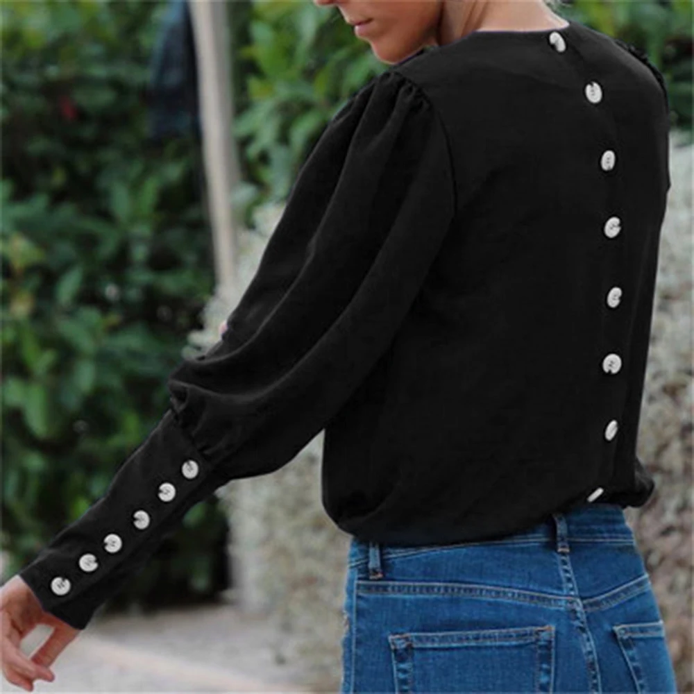 

2020 New Spring Women Chiffon V-Neck Blouse Shirts Puff Sleeve Button Summer Lady Shirt Top Female Office Blouse Tops