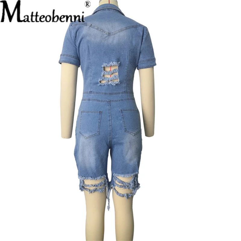 2021 Spring Summer Women Streetwear Denim Jumpsuits New Turn-Down Collar Single-Breasted Short Sleeve Skinny Rompers