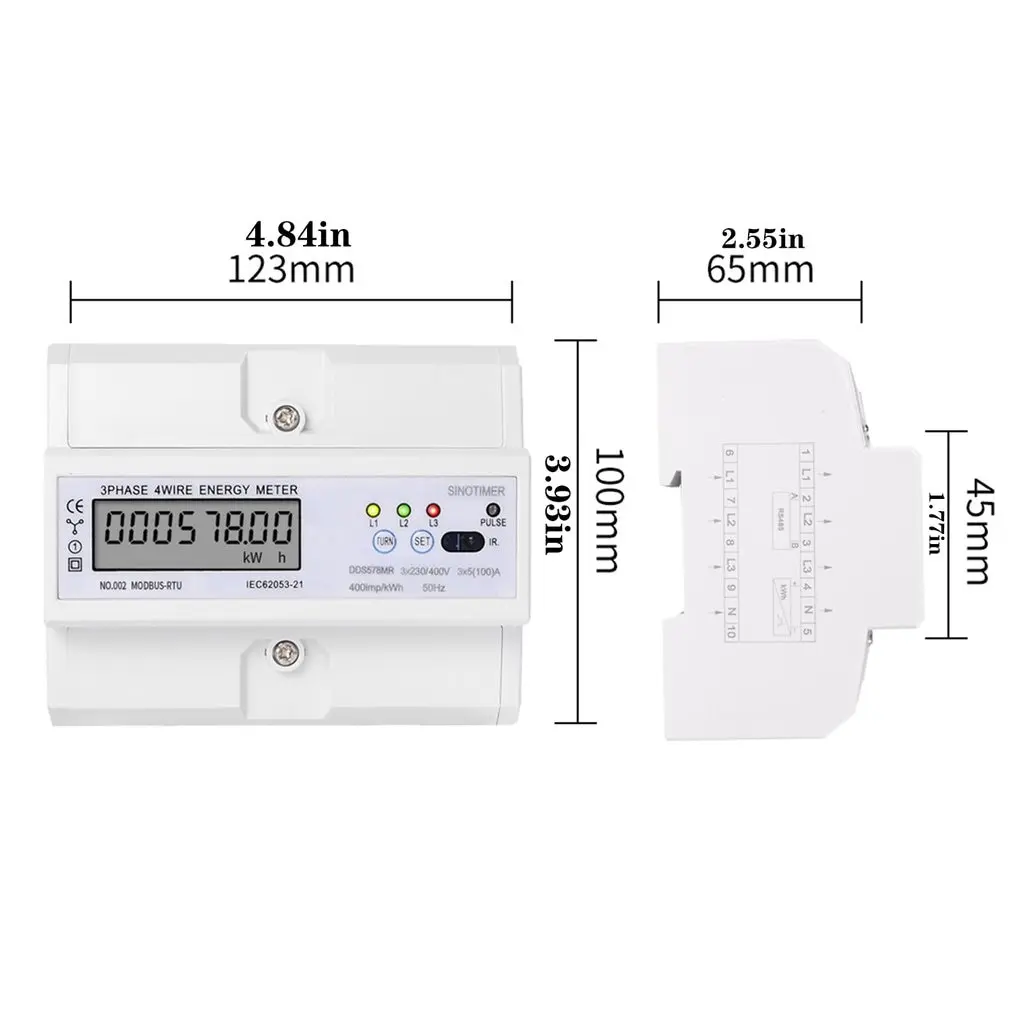 

SINOTIMER DDS578MR RS485 220/380V 5-100A 3 Phase 4 Wire DIN Rail Digital Energy Meter With Voltage Current Frequency Display