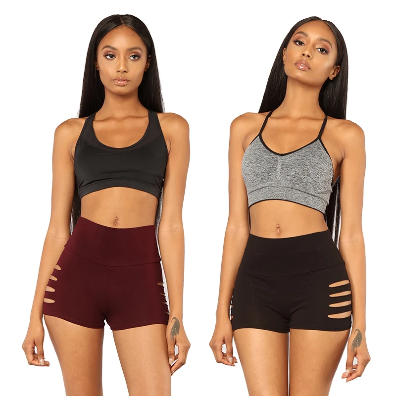 Женские шорты с вырезами черные спортивные дышащие высокой талией для спорта и