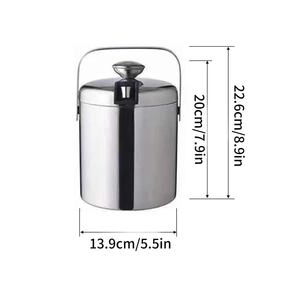 

1.3L Portable Ice Bucket Stainless Steel Ice Holder Double Wall Insulated Ice Cube Container Lid Tongs Champagne Cooler Bar Tool