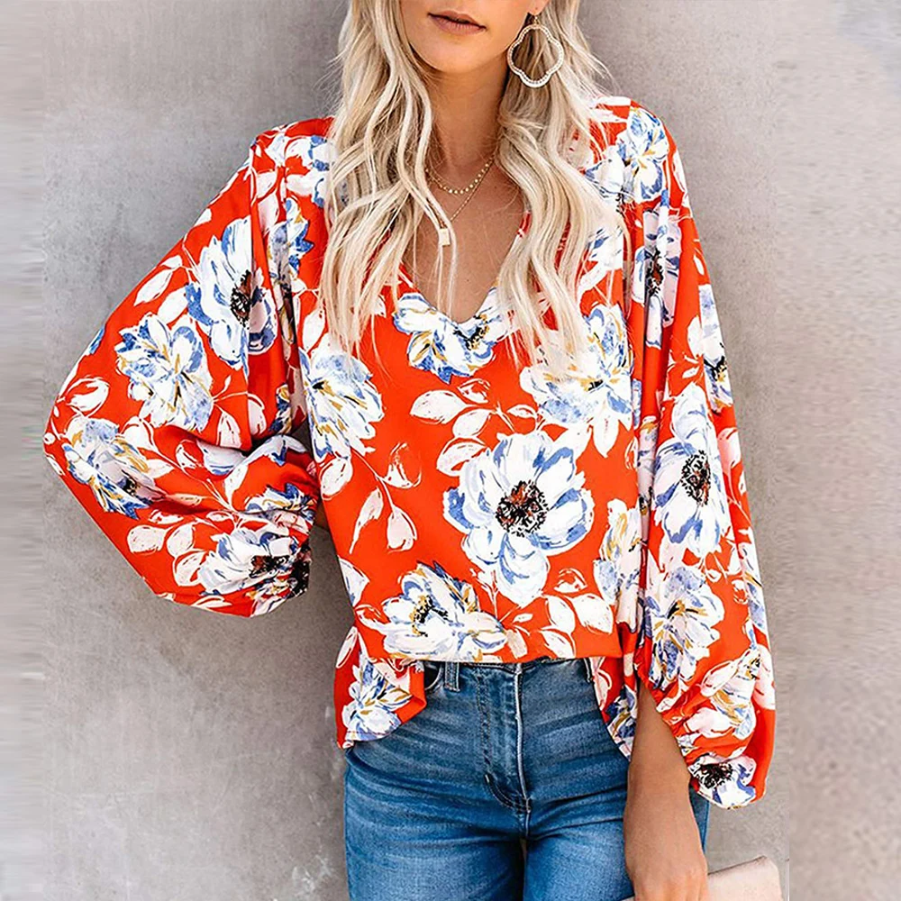 European and American women's 2019 new autumn long-sleeved printed women's shirt casual deep V-neck loose tops and blouses