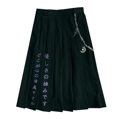 

Women Preppy Style Summer Fashion Punk Gothic Girls Harajuku Black Skirt Embroidery Removable Chain Pleated Long Skirts