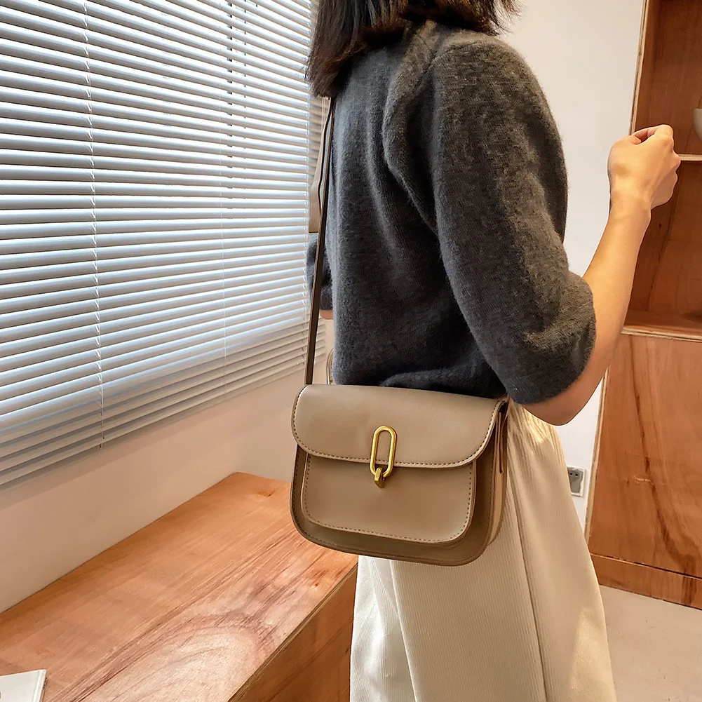 

Vintage Fashion Pure Color Saddle Bag 2021 New High Quality Leather Women's Designer Handbag Lock Shoulder Messenger Bag Purses