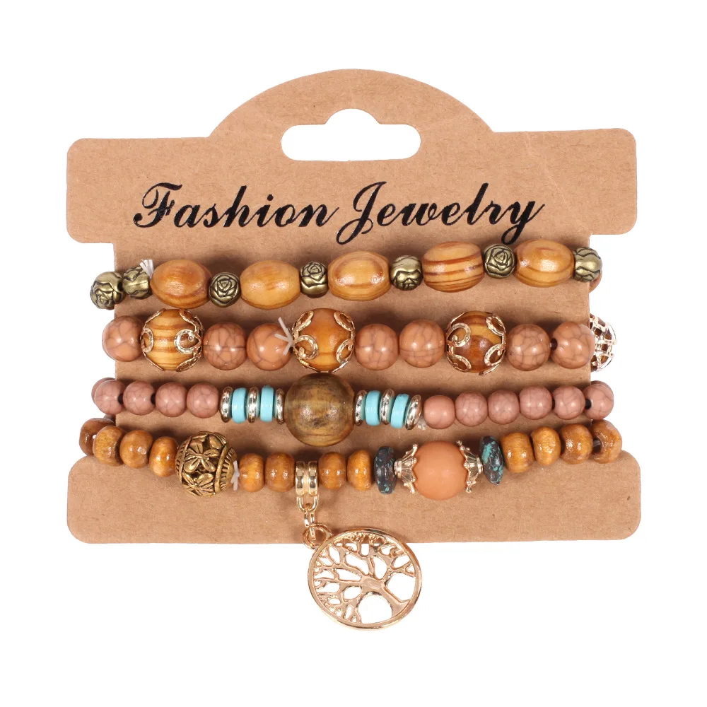 

4 Pcs Ethnic Boho Summer Wood Bracelet Set For Women Vintage Tree Flower Beads Bangle Bracelet Homme Jewelry Accessories