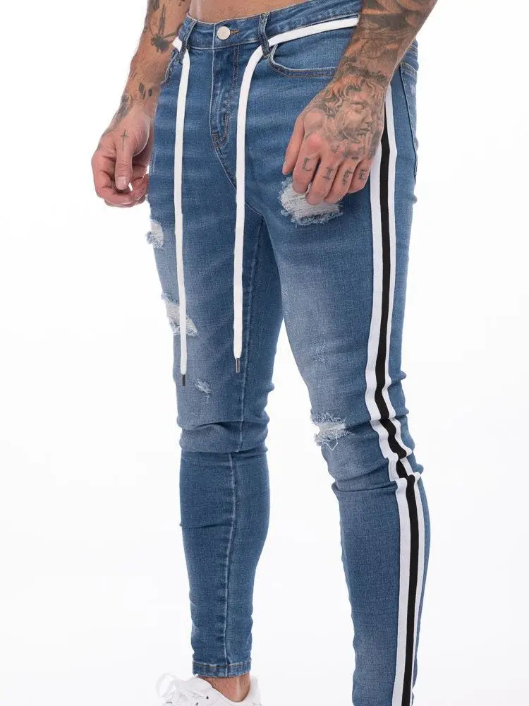 New Men's Skinny Casual Fashion Jeans Splicing Ripped Trousers Beggar Pants Male Hip Hop Denim Trousers