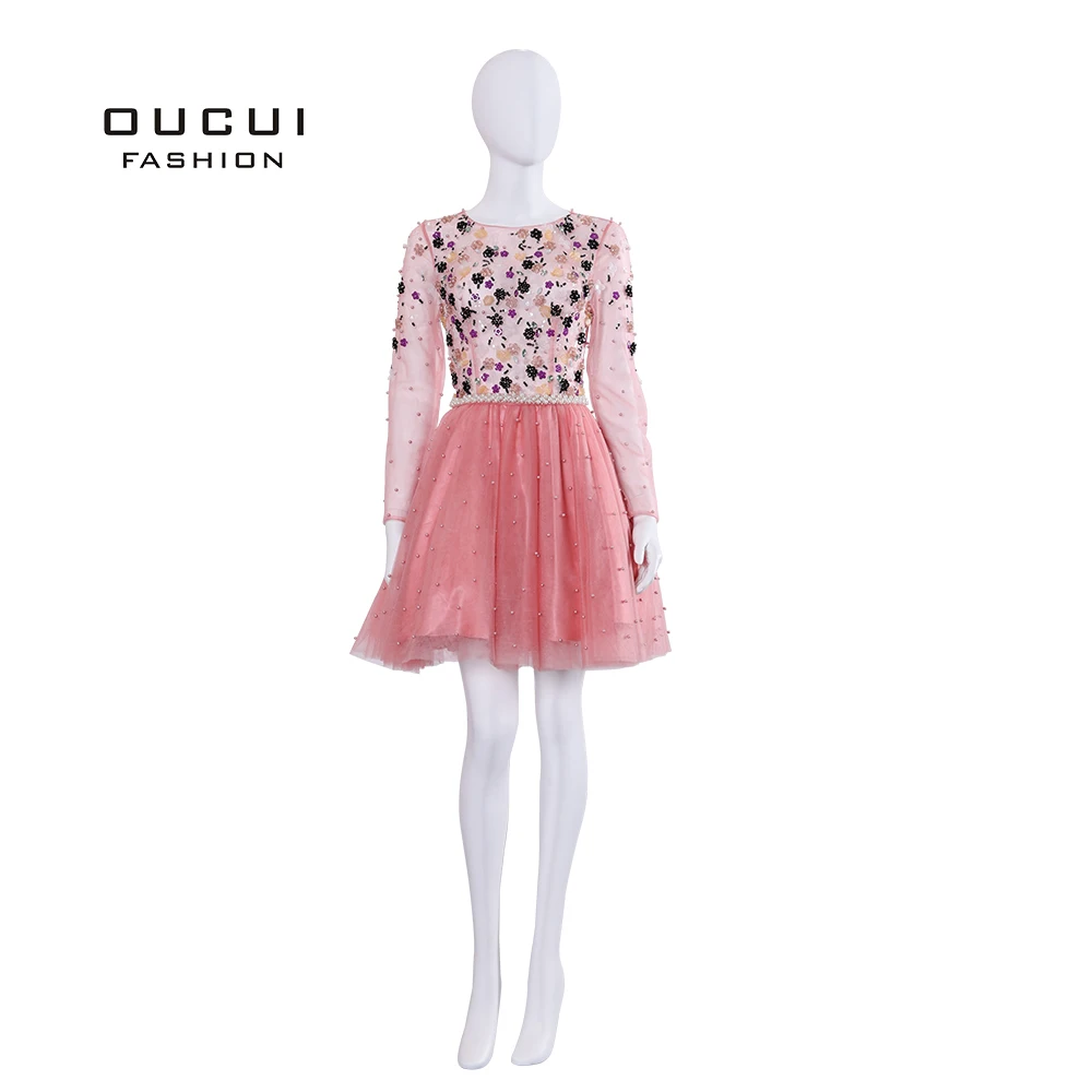 Blush Pink Розовое вечернее платье с круглым вырезом, украшенное бисером, с длинными рукавами, ТРАПЕЦИЕВИДНОЕ короткое вечернее платье с цветочной аппликацией и кристаллами, вечерние платья OL103452 - Цвет: Blush Pink