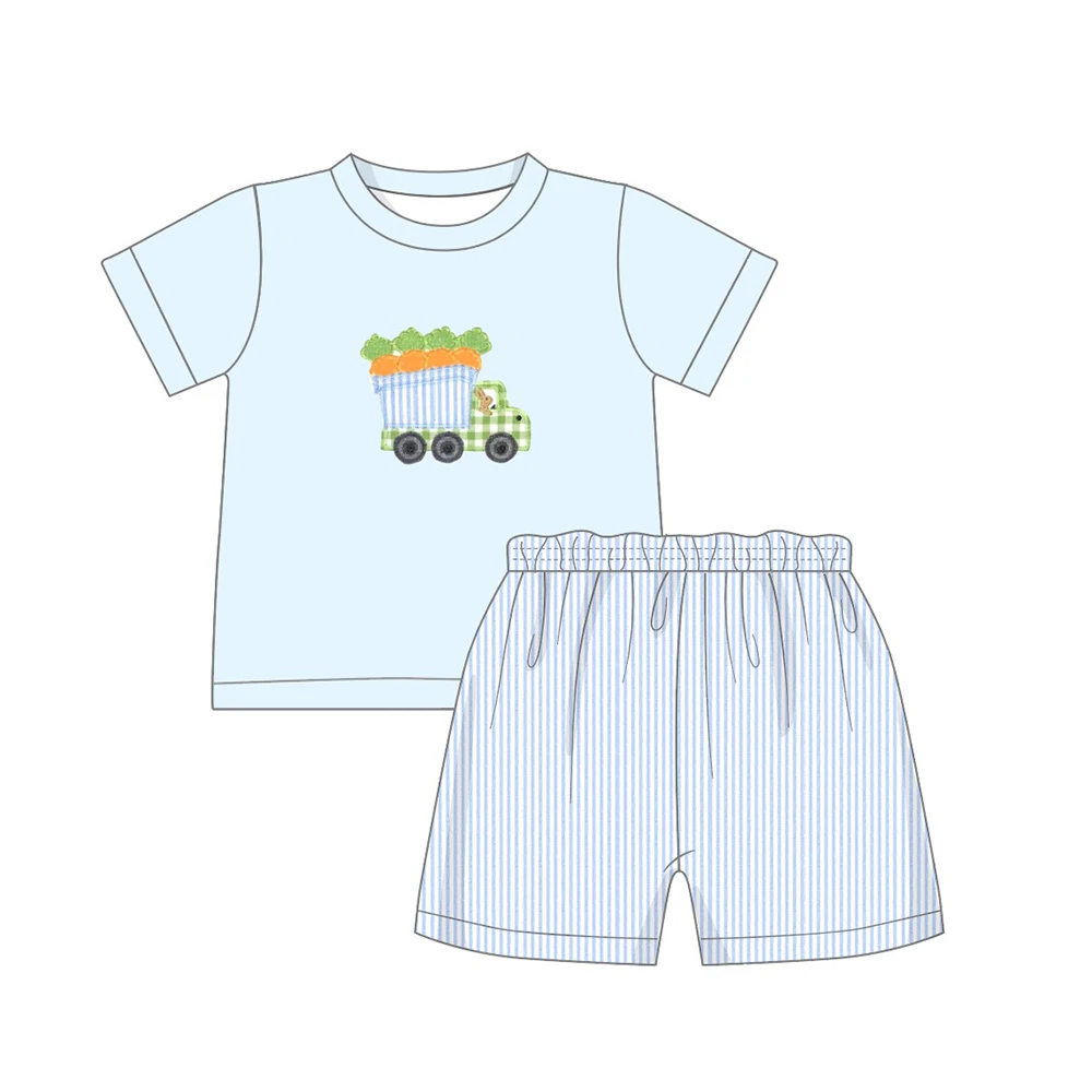

Summer Clothes Light Blue Short Sleeve Top And Blue Vertical Stripes Shorts Easter Bunny Pull Carrot Embroidered Boys Clothes