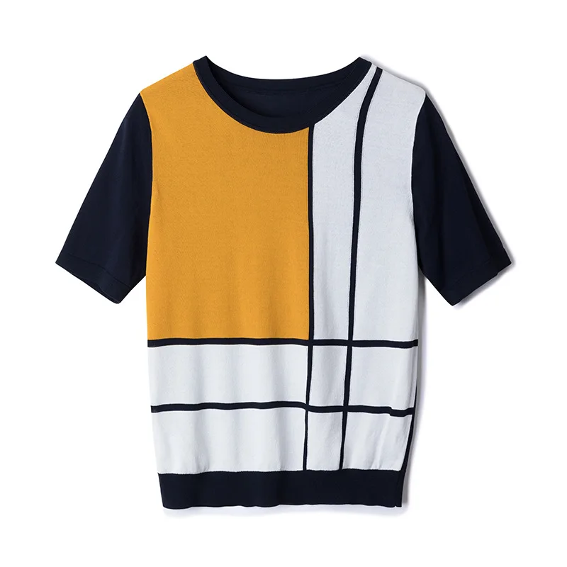 

Knitted Pullovers Women Sweaters 2021 New Summer Fashion O-Neck Short-Sleeved Patchwork Stella Filante Jumper Thin Pull Femme