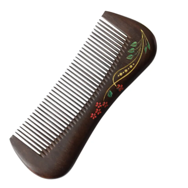 

Natural Handmade Wooden Comb, Fine Tooth Sandalwood Comb Hair Comb with Flower Gold Drawing, No Static No Snag Wood Comb