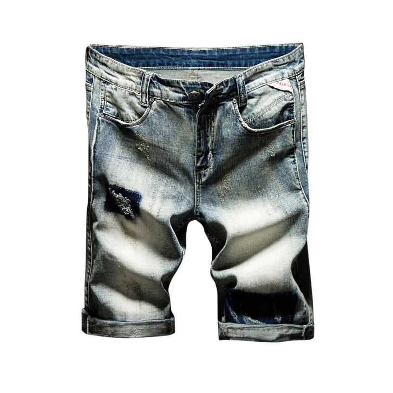 

Summer Men's Denim Shorts Hole Ripped Vintage Washed Short Jeans High Quality Fashion Street Slim Knee Length Pants Male Brand