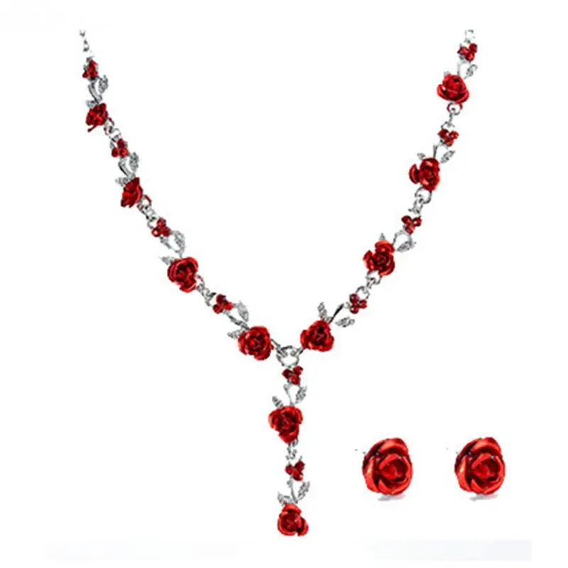 Женский Ювелирный Комплект Стразы с подвеской в виде цветка розы ожерелье и