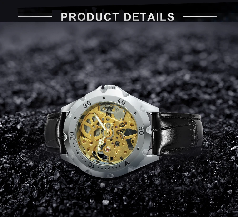 Мужские механические часы JARAGAR армейские с кожаным ремешком и золотым скелетом