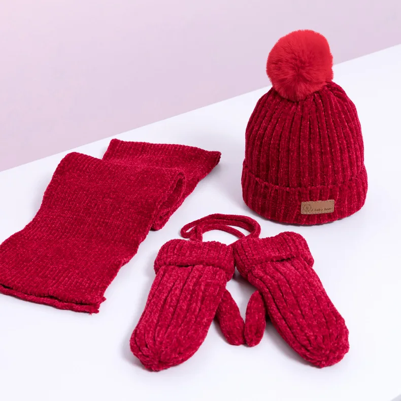 Red 3Pcs 2 шт./3 шт./компл., детские наборы шарф Шапка Зимняя Теплая Бархатная шапка шарф перчатки для маленьких мальчиков и девочек, костюмы хлопковая шерсть Младенческая шапочка, шапки - Цвет: Red 3Pcs