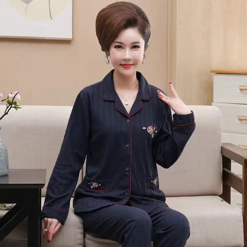 Fdfklak M-4XL Elegant Middle Aged Mother's Pajamas Set Long Sleeve Pant Sleepwear Women Suit Large Size Cotton Home Clothes