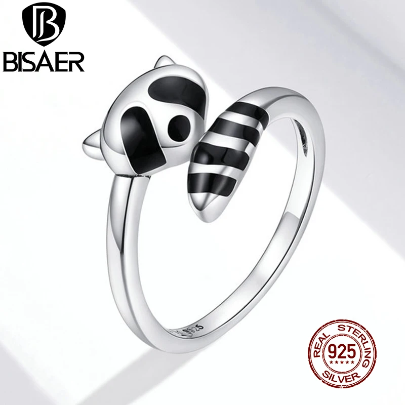 

BISAER Black Raccoon Animal Rings 100% 925 Sterling Silver Open Adjustable Finger Ring for Women Friendship Jewelry ECR652