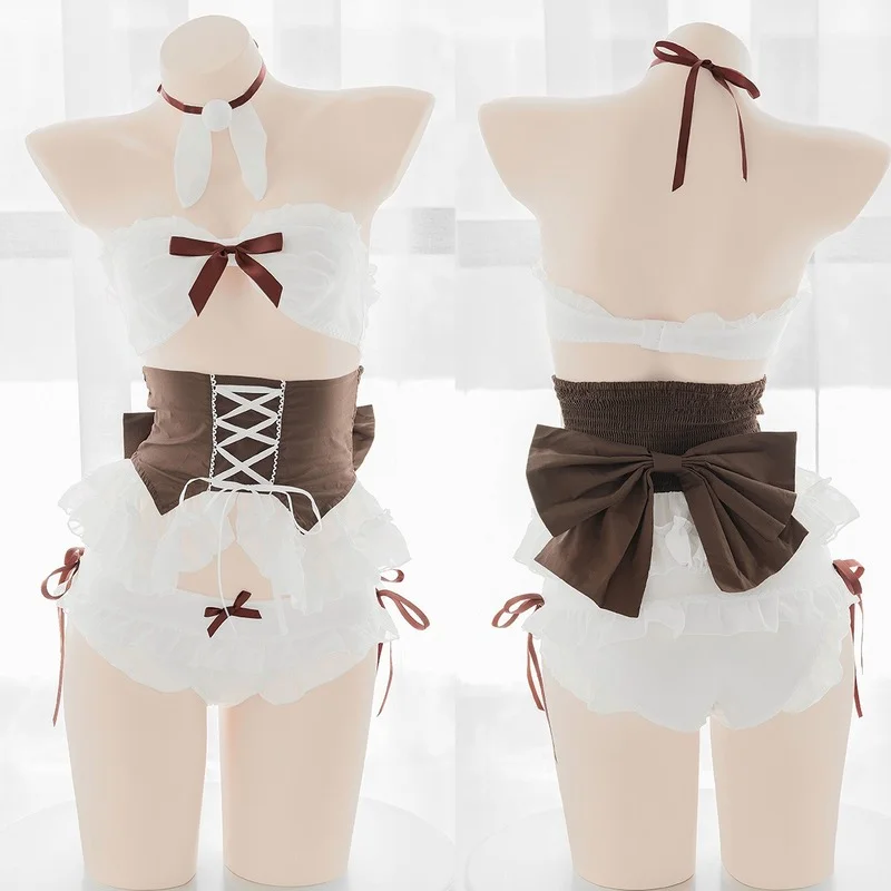 

Vintage Brown Bunny Girls Sexy Cute Tube Tops Underwear Bow Girdle Sweet Women Laciness Pajamas 4pcs Outfit Maid Lingerie Set