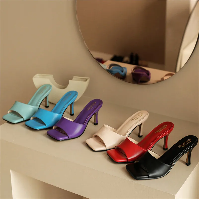 

Meotina High Heel Slippers Women Fashion Square Toe Stiletto Heels Shoes Ladies Casual Sandals Indoor Footwear Female Red 42 43