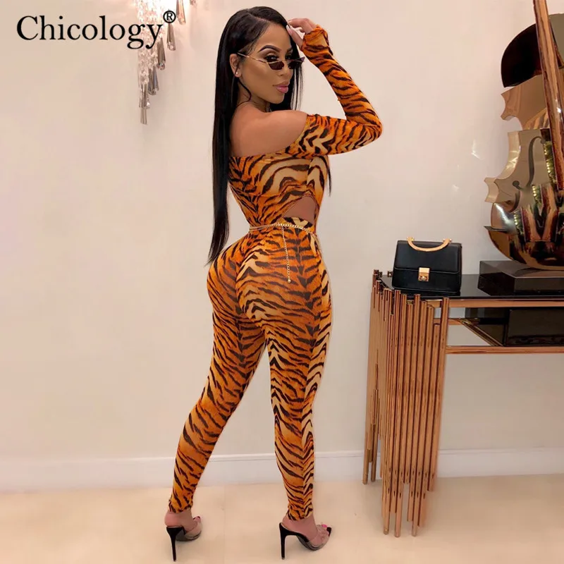 Chicology leopard off shoulder 2 two piece matching set women long sleeve bodysuit high waist pants 2019 autumn winter clothes | Женская