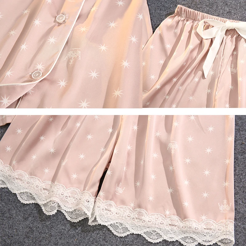 Lace Sleepwear Pajamas-Pants Satin Silk Nightwear Lingerie Summer Sexy V-Neck Sleeping Night-Suit Short-Sleeve Femme 2-Pieces