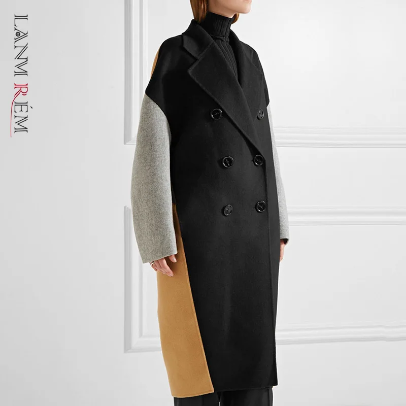 

LANMREM 2021 Spring Autumn Coat Fashion New Women Plus Large Block Color Matching Lapel Double-breasted Cashmere Coat TC818