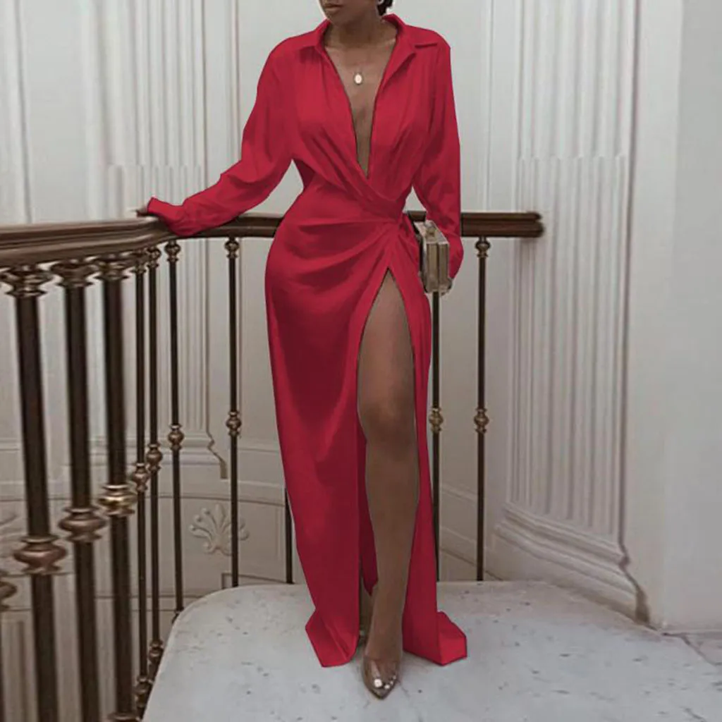 Женское сексуальное тонкое платье сплошной цвет глубокий v-образный вырез с
