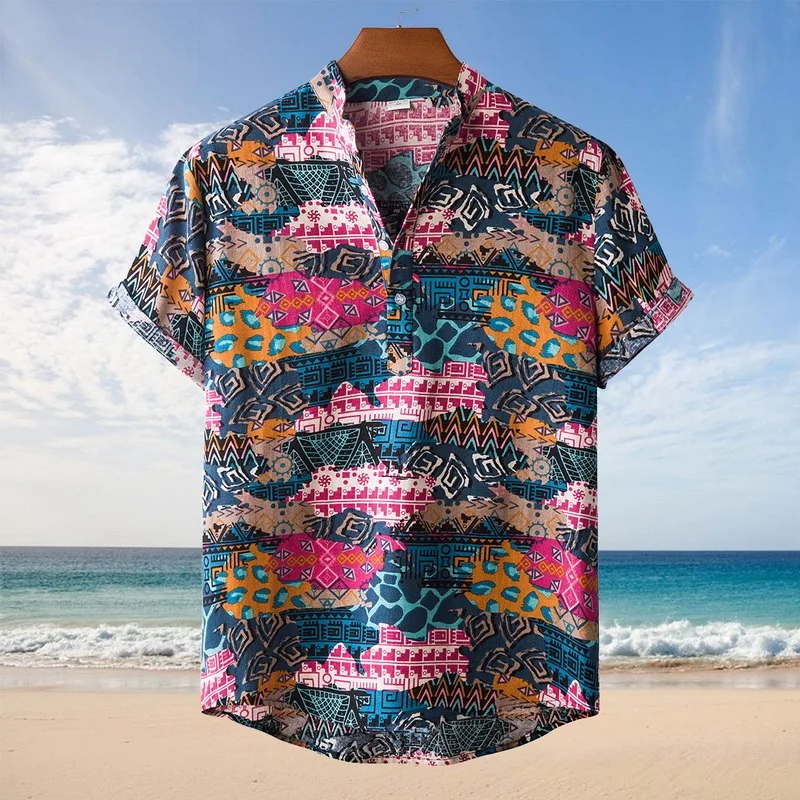

Men's Fashion Printed Lapel Short Sleeve Casual Loose Floral Shirt Sleeve Lapel Neck Button Casual Beach Shirts