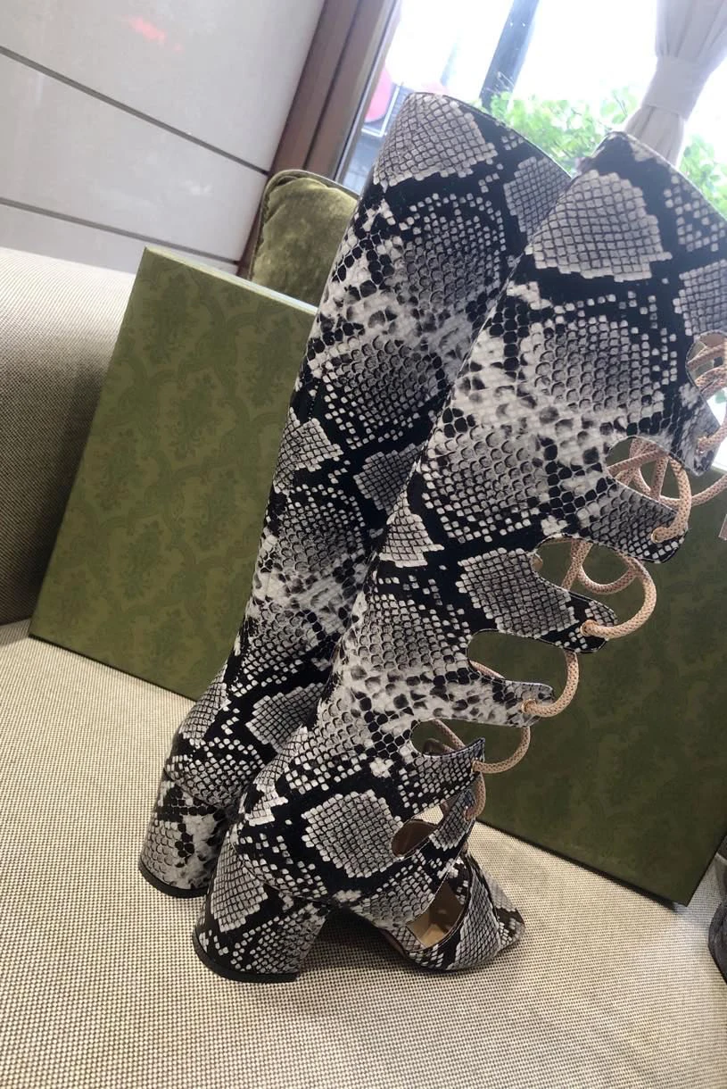 

Summer Peep Toe Lace-up High Heel Boots Sexy Snakeskin Leather Thigh High Boots Woman Thin Heels Over the Knee Sandals Boots