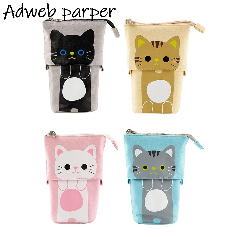 

Animal Vertical Pencil Case Big Capacity Canvas School Pencil Bag Storage Bag Pen Pouch Stationery Pull Down Stand Holder