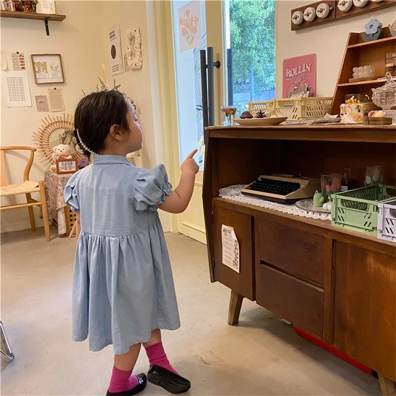 

2021 Summer Girl Denim Turn Collar Shirt Dress Children Bubble Sleeve Solid Color Fashion Cowboy Retro Short Sleeve Dresses