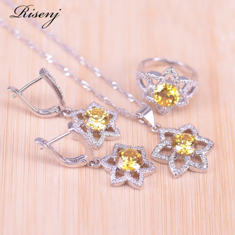 Risenj Sparking Yellow Silver Color Hexagon Shiny Star Jewelry Earrings Ring Necklace Bracelet Set Bridal | Украшения и