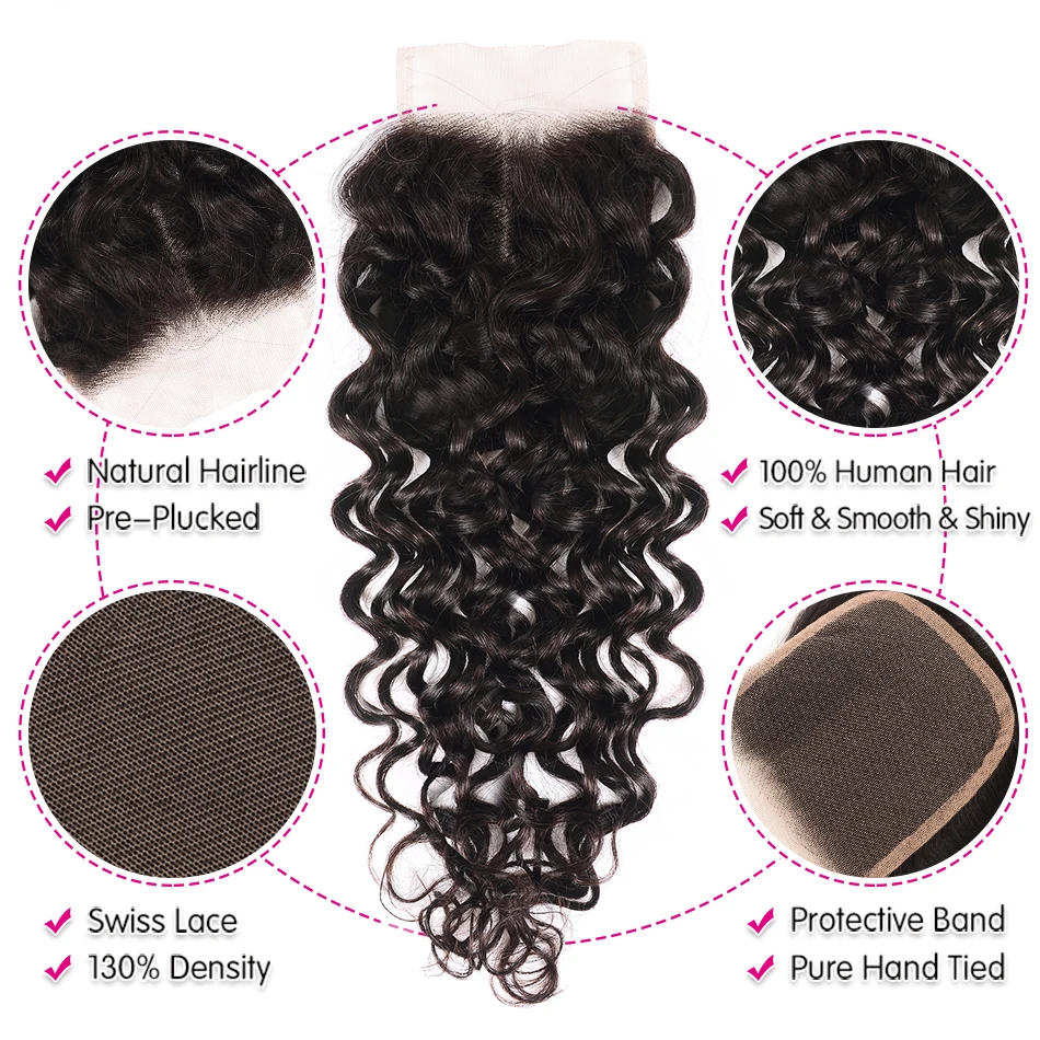 Волосы UNice бразильские свободные волнистые 4x4 закрытие швейцарское кружево