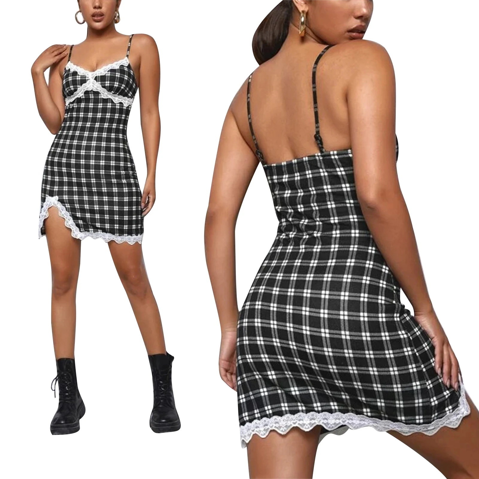 

Summer Women\u2019s Sexy Slim Backless Suspender Short Dress Fashion Plaid Print Flounce V-neck Split Tight Stylish Dress