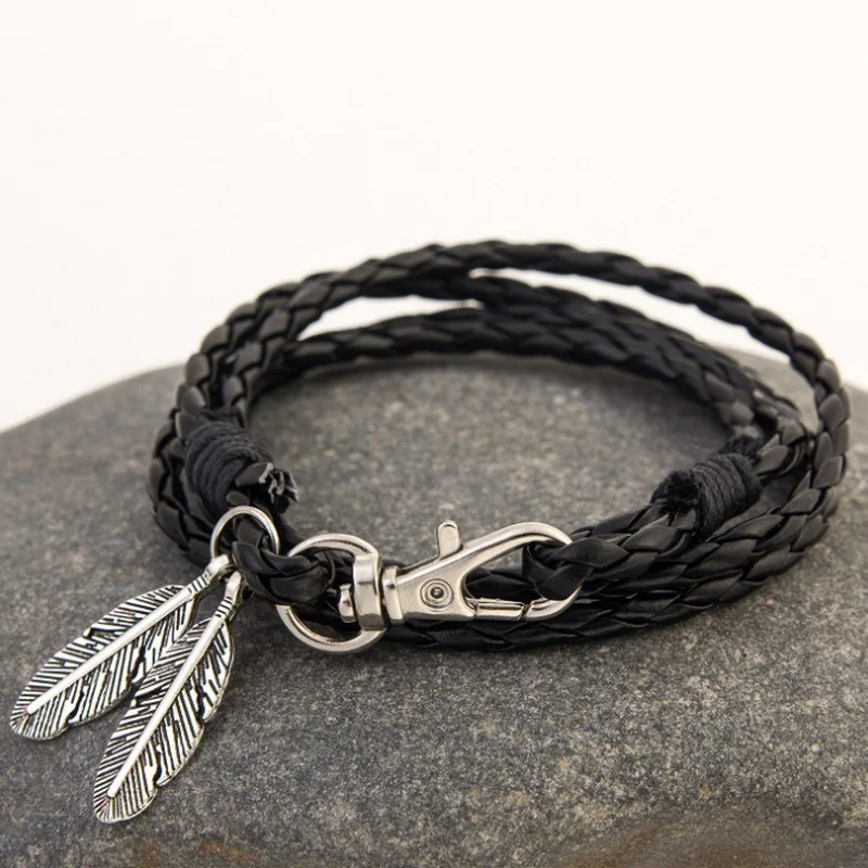 

Mens Fashion Retro Three-layer Feather Pendant Keychain Woven Leather Bracelet Jewelry Gift