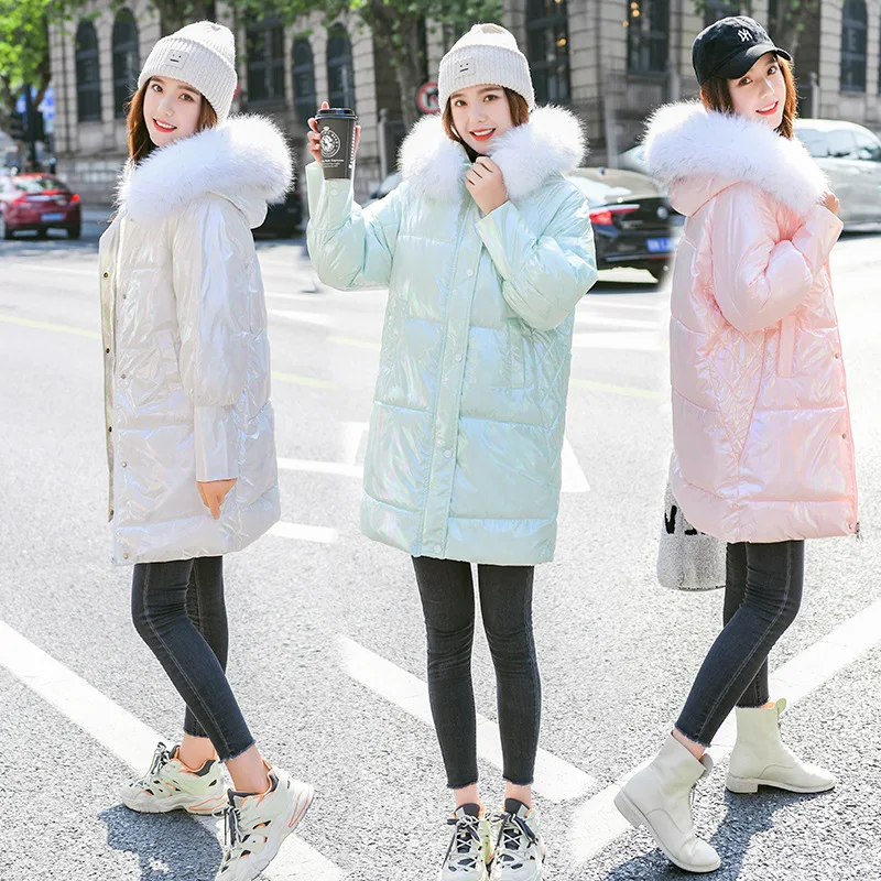 

Winter Jacket Women Mid-length White Bright Surface Loose Fur Collar Down Padded Jacket Parkas puffer jacket