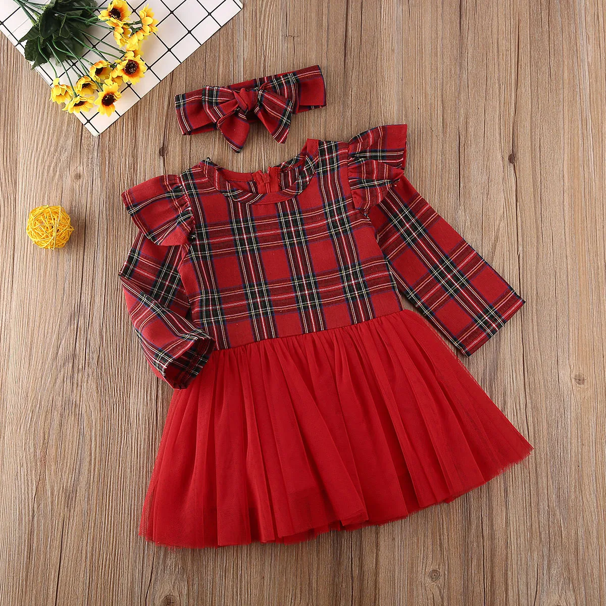 

Pudcoco Newborn Baby Girl Clothes Plaids Long Sleeve Tutu Tulle Princess Party Pageant Dress Headband 2Pcs Outfits Clothes