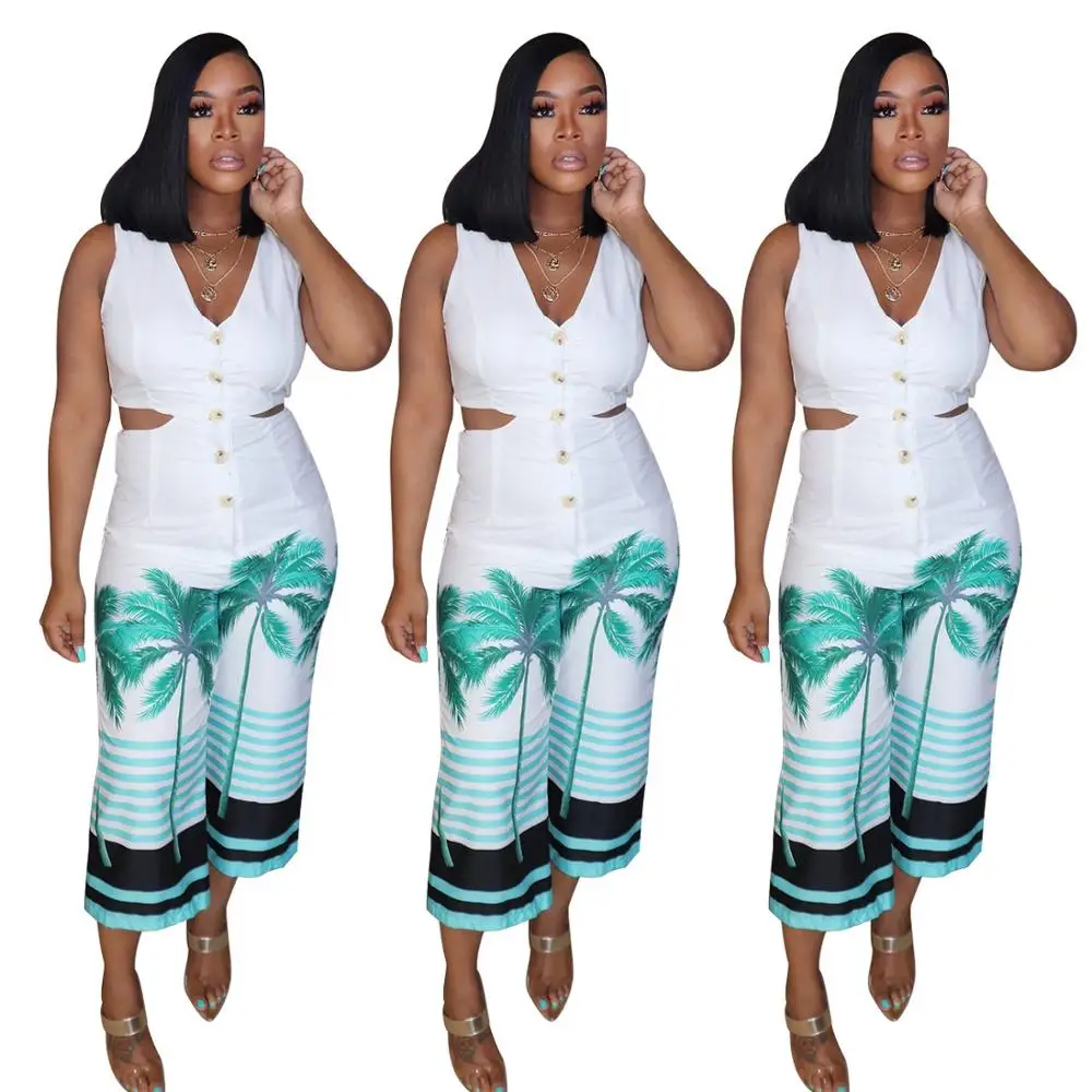 

NEW Beach Wear Tree Print Wide Leg Jumpsuit 2020 Sexy Casual Women V Neck Sleeveless Hollow Out Side Button Calf Length Rompers
