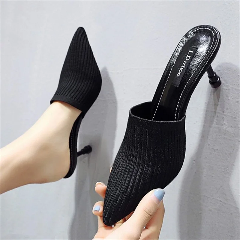 2021 Women's Sandals Korean Version of Silk Satin Pointed Toe Knit Slippers Baotou Flat Heel Half Slippers Women's Shoes