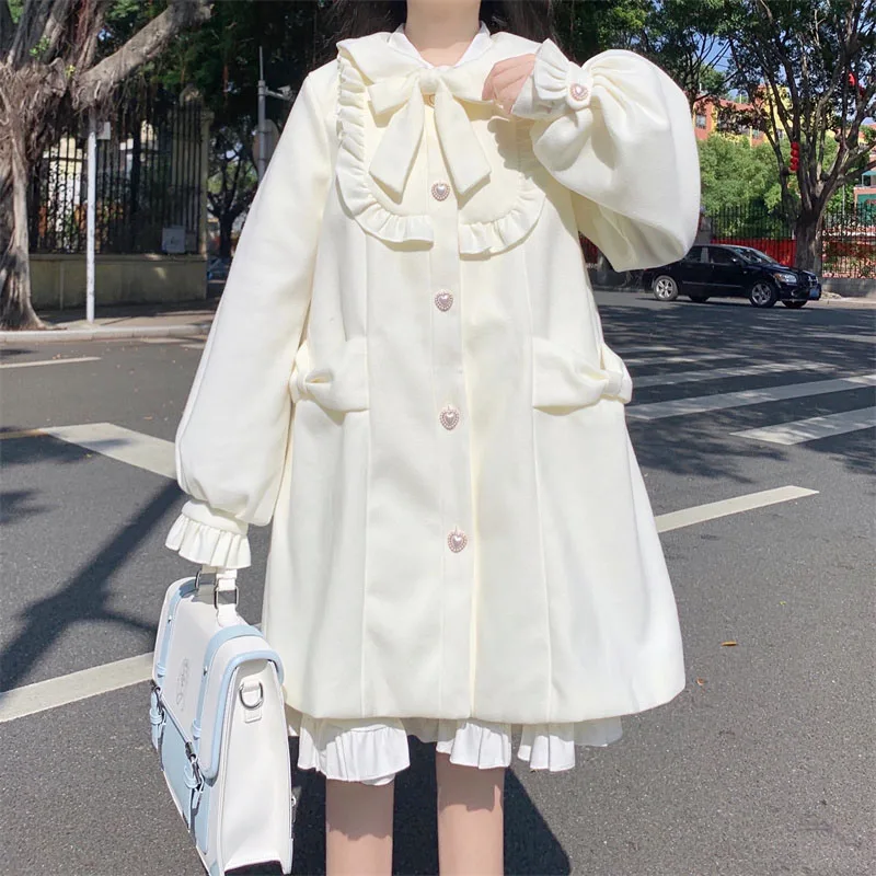 

Зимнее плотное теплое мягкое пальто Kawaii для девушек, Женское шерстяное пальто в японском стиле преппи, винтажное милое пальто в стиле Харад...