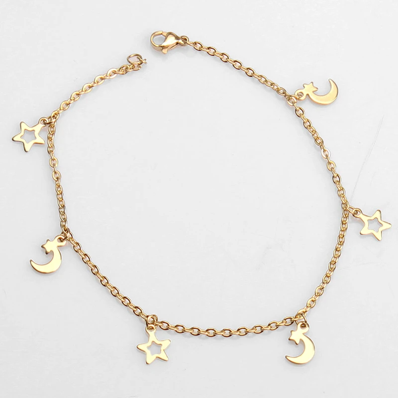 Stainless Steel Hollow Star Charm Anklet Gold Moon Crescent Pentagram Ankel Bracelets Joyas De Acero Inoxidable Para Mujer | Украшения и
