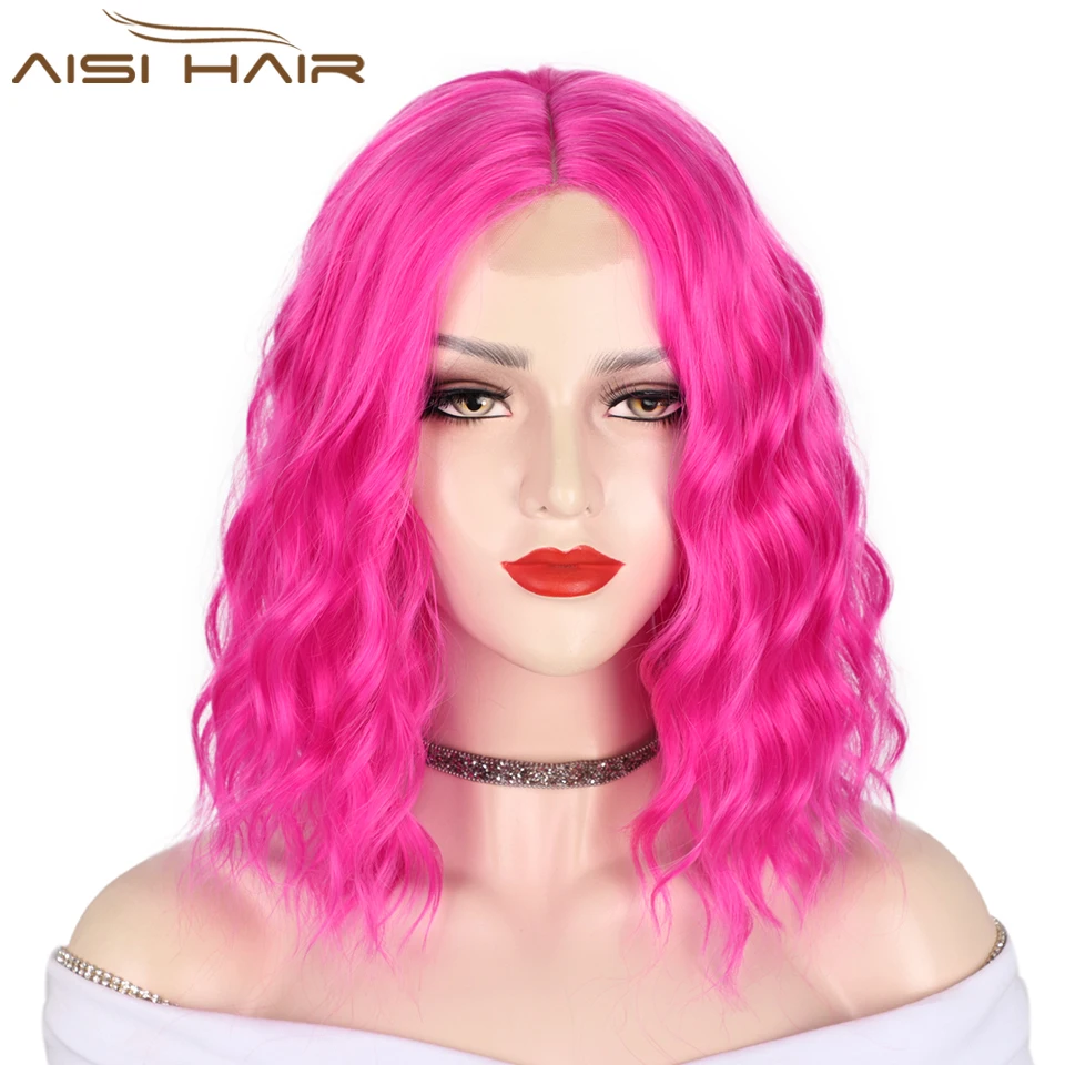 

AISI HAIR Short Wavy Synthetic Bob Wig for Women Magenta Middle Part Wig Ombre Blonde/Green Shoulder Length for Daily Party Use
